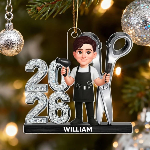 Personalized Acrylic Ornament, Stylist Holding Salon Tools, Creative Gift for Hairdressers and Christmas Tree Decor