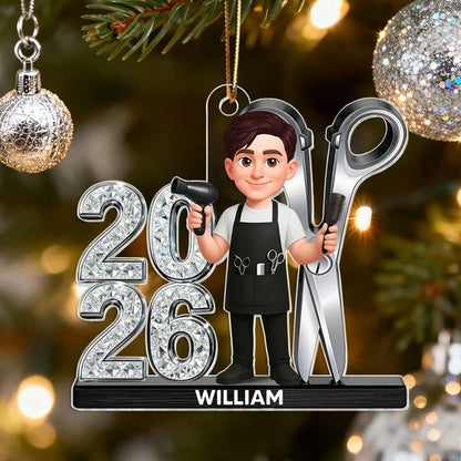 Personalized Acrylic Ornament, Stylist Holding Salon Tools, Creative Gift for Hairdressers and Christmas Tree Decor