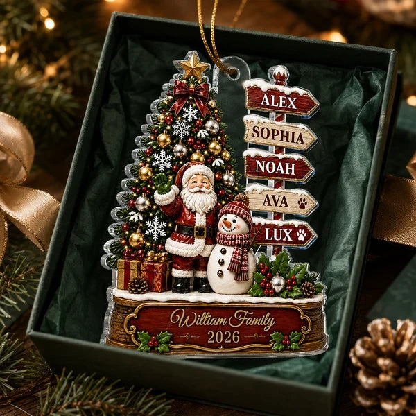 Personalized Acrylic Ornament with Santa, Snowman & Family Signpost, Unique Christmas Gift for Family