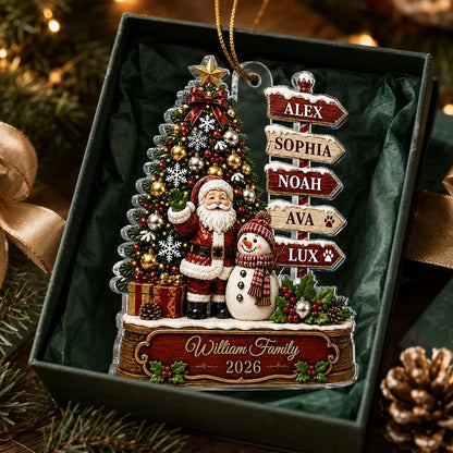 Personalized Acrylic Ornament with Santa, Snowman & Family Signpost, Unique Christmas Gift for Family
