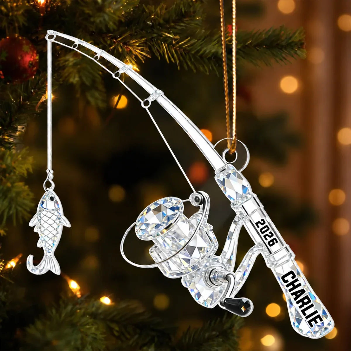 Personalized Acrylic Ornament, Fishing Rod and Catch Keepsake, Creative Christmas Gift for Fishing Lover