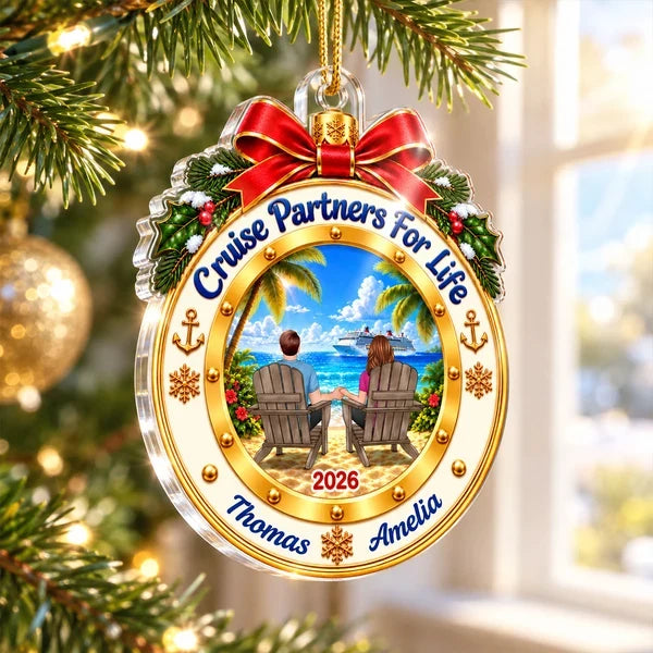 Personalized Acrylic Ornament, Cruise Couple Holding Hands on Sunny Beach, Unique Christmas Gift for Partners