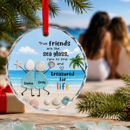 Crystal Ornament, Treasured for Life Sea Glass Friends on a Sunny Beach, Personalized Creative Gift for Bestie