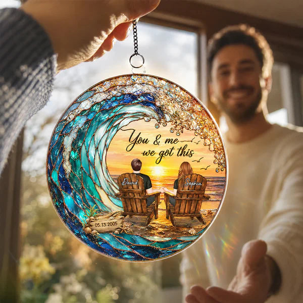 Custom Acrylic Suncatcher Ornament with You & Me Beach Art, Creative Gift for a Couple, Warm Window Glow