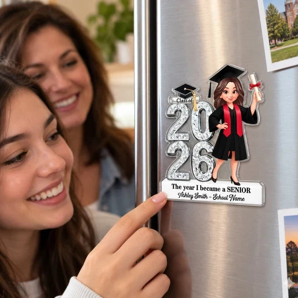 Personalized Acrylic Fridge Magnet, Cartoon Graduate Holding Diploma, Unique Gift for High School Senior