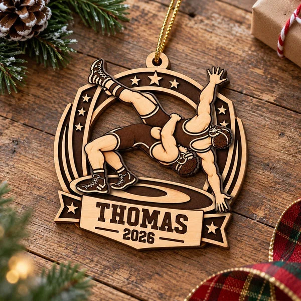 Personalized 2-Layer Wooden Ornament, Warm Brown Wrestling Action, Unique Gift for Son