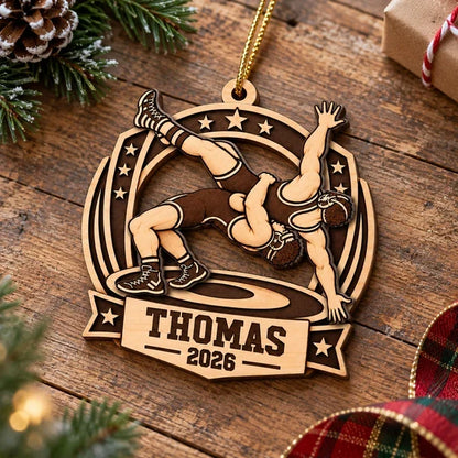 Personalized 2-Layer Wooden Ornament, Warm Brown Wrestling Action, Unique Gift for Son