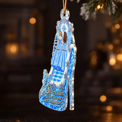 Personalized Acrylic Ornament, Sisters Standing by a Snowy Palace in a Princess Heel, Unique Christmas Gift for Sister