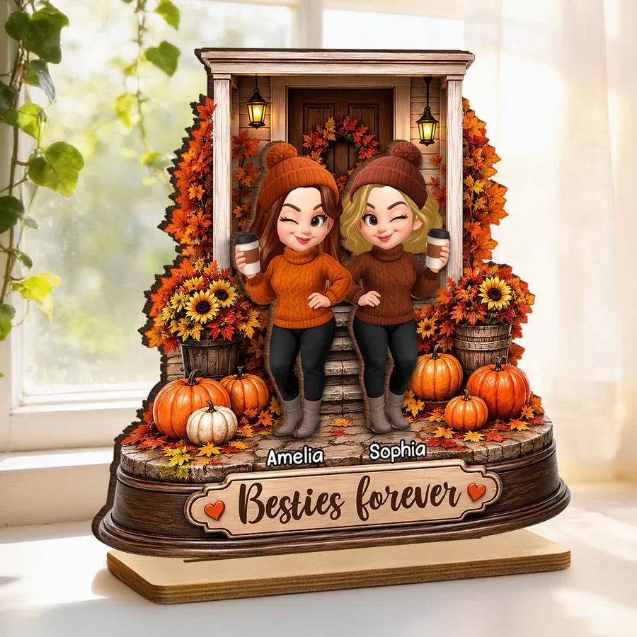 Personalized 2-Layer Wooden Plaque, Besties Forever Autumn Porch Scene, Unique Gift For Close Friend