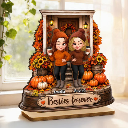 Personalized 2-Layer Wooden Plaque, Besties Forever Autumn Porch Scene, Unique Gift For Close Friend