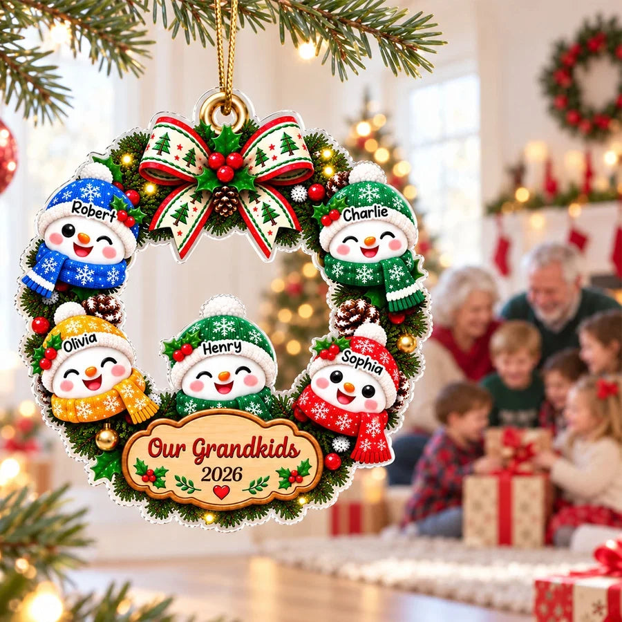 Personalized Acrylic Ornament with Cute Snowman Grandkids Wreath, Unique Christmas Gift for Grandparents