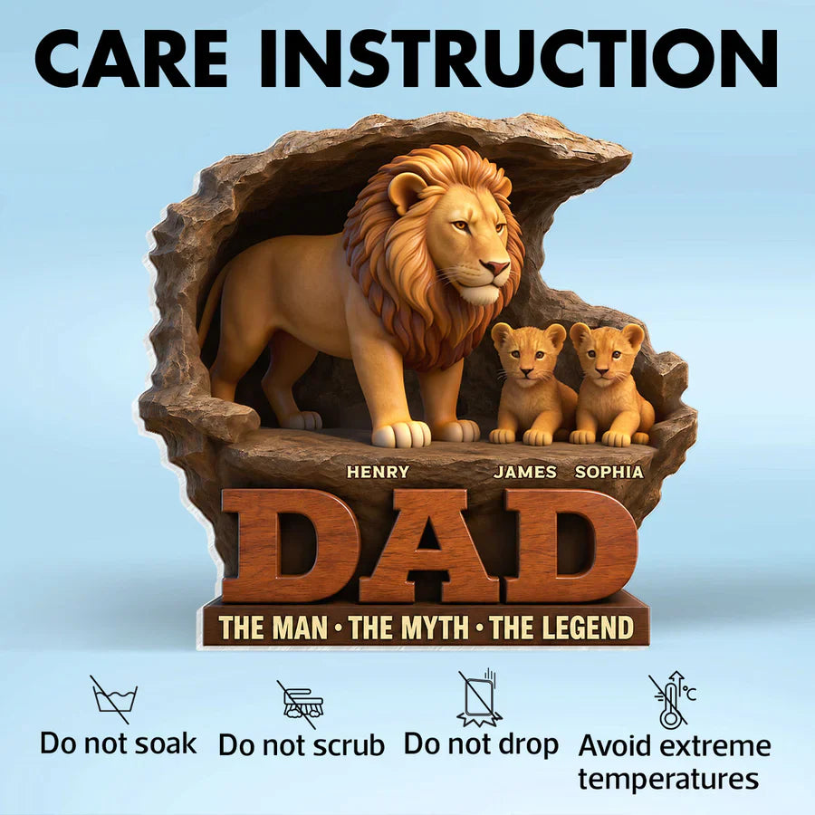 Personalized Shaped Acrylic Block Plaque With Standing Lion Dad & Cubs, Unique Father's Day Gift for Dad's Desk