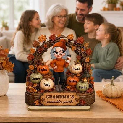 Personalized Wooden Plaque, Coffee-Holding Grandma in an Autumn Pumpkin Patch, Unique Family Gift