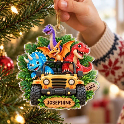 Personalized Acrylic Ornament, Colorful Dinosaurs Riding an Adventure Jeep, Unique Christmas Gift for Kids