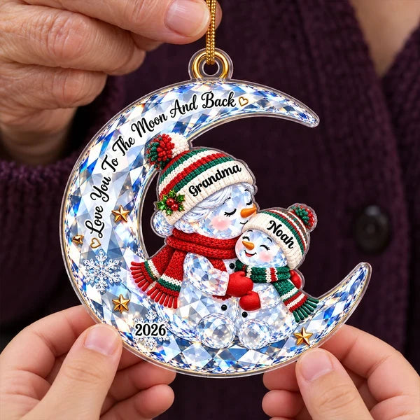 Personalized Acrylic Ornament, Hugging Grandma and Grandkid Snowmen on Moon, Unique Christmas Gift for Grandma