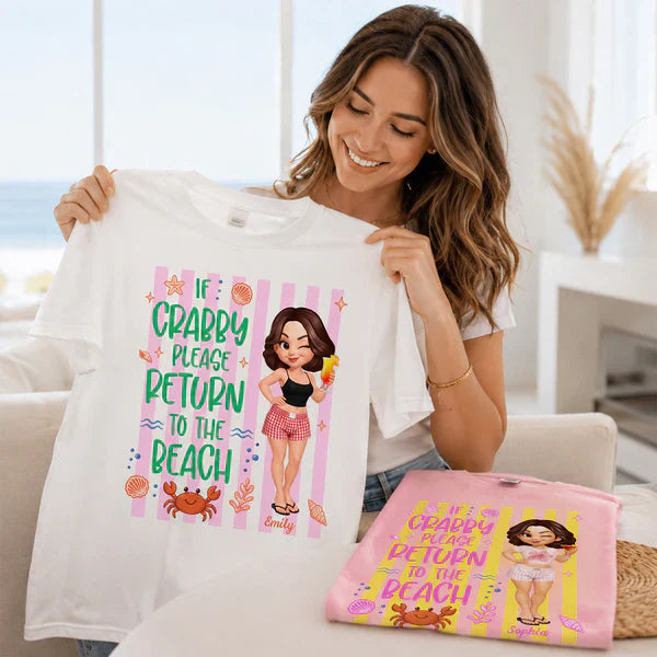 Personalized Classic Tee, Cute Crabby Beach Cartoon Shirt, Unique Creative Gift for Beach Lovers