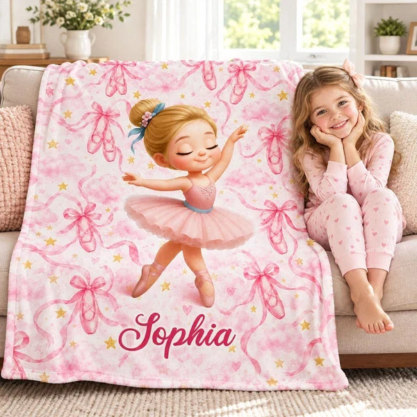 Personalized Fleece Blanket with Dancing Ballerina, Pink Watercolor Keepsake, Unique, Creative Gift for Daughter