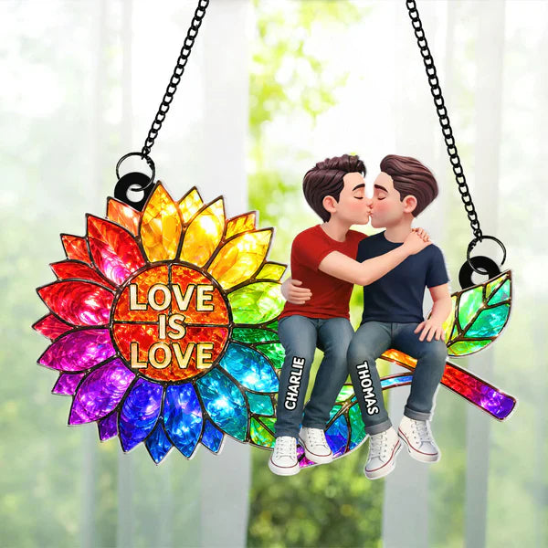Personalized Acrylic Suncatcher Ornament, Love is Love Rainbow Sunflower with Kissing Couple, Unique LGBTQ Gift