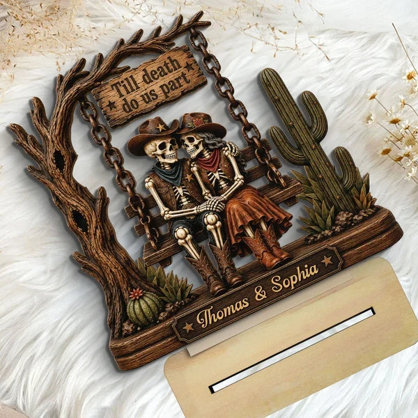 Personalized 2-Layer Wooden Plaque, Cowboy Skeleton Couple Halloween Decor, Unique Gift for Couple