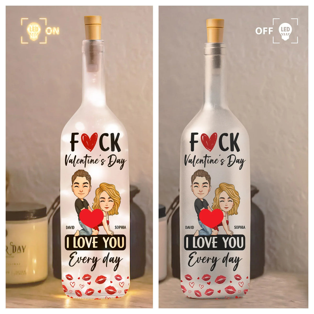Funny romantic Bottle Lamp with customized couple art and I love you every day message, cozy ambient light, creative gift for couples