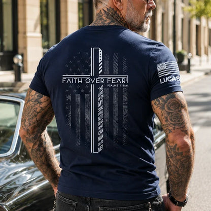 Personalized Dual Print Classic Tee, Faith Over Fear Cross Design, City Streetwear, Unique Christian Gift for Men