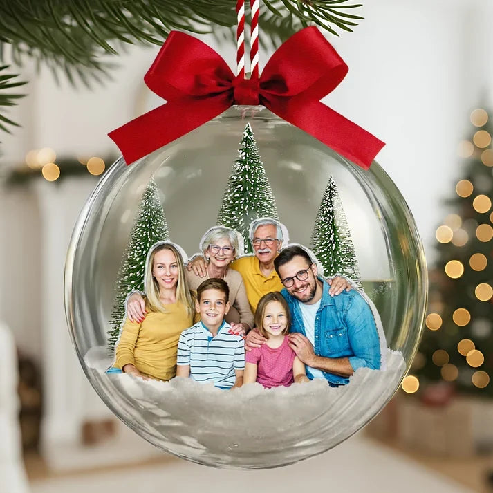 Personalized Acrylic Snow Globe Ornament, Smiling Family in Snowy Trees, Unique Christmas Gift