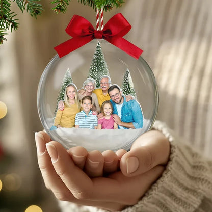Personalized Acrylic Snow Globe Ornament, Smiling Family in Snowy Trees, Unique Christmas Gift