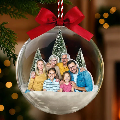 Personalized Acrylic Snow Globe Ornament, Smiling Family in Snowy Trees, Unique Christmas Gift