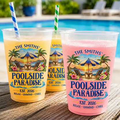Personalized Frosted Plastic Cup with Tropical Poolside Art, Unique Gift for Families and Backyard Hosts