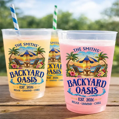 Personalized Frosted Plastic Cup with Tropical Poolside Art, Unique Gift for Families and Backyard Hosts