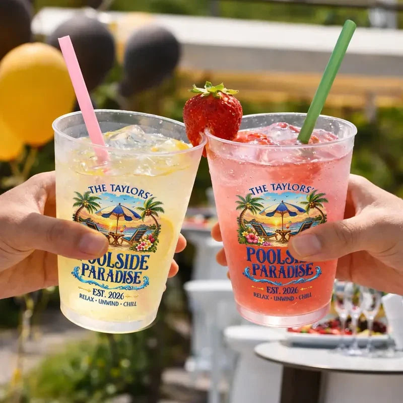 Personalized Frosted Plastic Cup with Tropical Poolside Art, Unique Gift for Families and Backyard Hosts