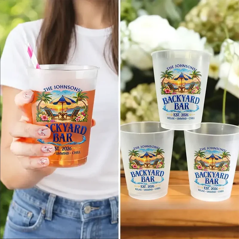 Personalized Frosted Plastic Cup with Tropical Poolside Art, Unique Gift for Families and Backyard Hosts