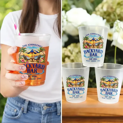 Personalized Frosted Plastic Cup with Tropical Poolside Art, Unique Gift for Families and Backyard Hosts