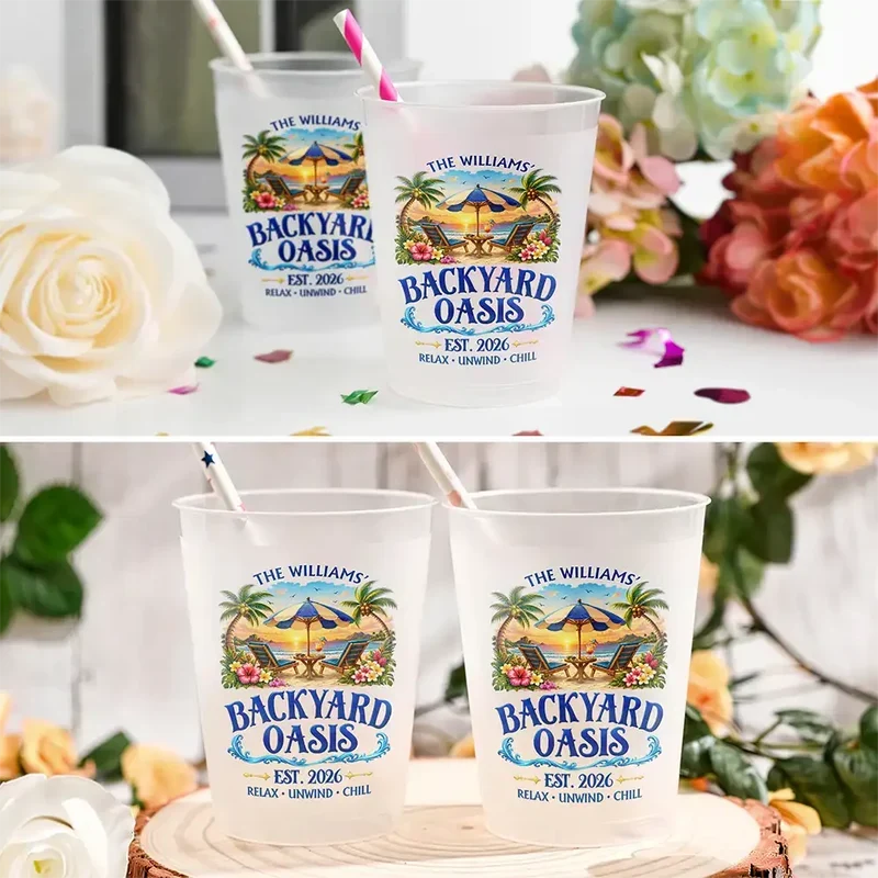 Personalized Frosted Plastic Cup with Tropical Poolside Art, Unique Gift for Families and Backyard Hosts