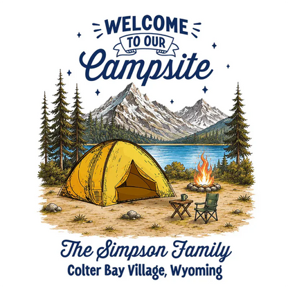Personalized Sticker Decal, Welcome to Our Campsite Mountain Camper Scene, Unique Gift for Family