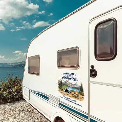 Personalized Sticker Decal, Welcome to Our Campsite Mountain Camper Scene, Unique Gift for Family