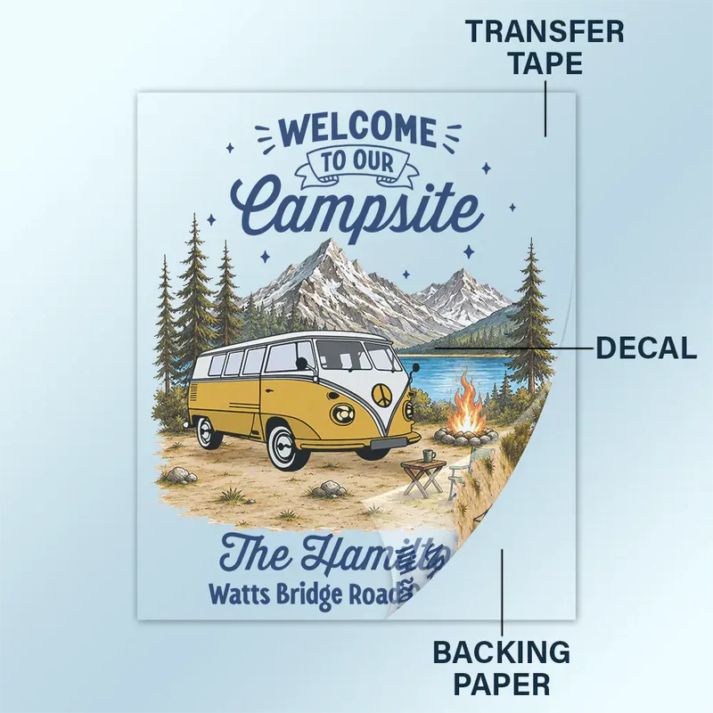 Personalized Sticker Decal, Welcome to Our Campsite Mountain Camper Scene, Unique Gift for Family