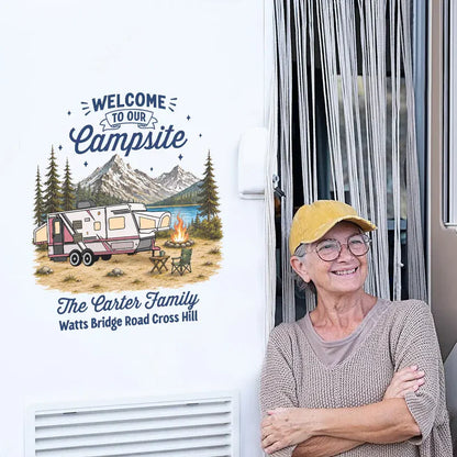 Personalized Sticker Decal, Welcome to Our Campsite Mountain Camper Scene, Unique Gift for Family