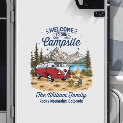 Personalized Sticker Decal, Welcome to Our Campsite Mountain Camper Scene, Unique Gift for Family