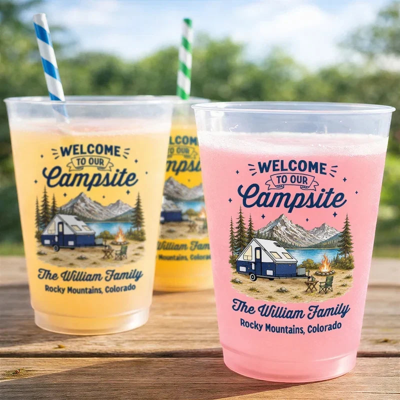Personalized Frosted Plastic Cup, Welcome to Our Campsite RV Mountain Scene, Unique Gift for Camping Families