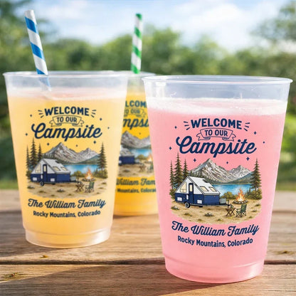 Personalized Frosted Plastic Cup, Welcome to Our Campsite RV Mountain Scene, Unique Gift for Camping Families