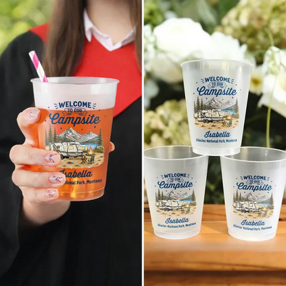 Personalized Frosted Plastic Cup, Welcome to Our Campsite RV Mountain Scene, Unique Gift for Camping Families