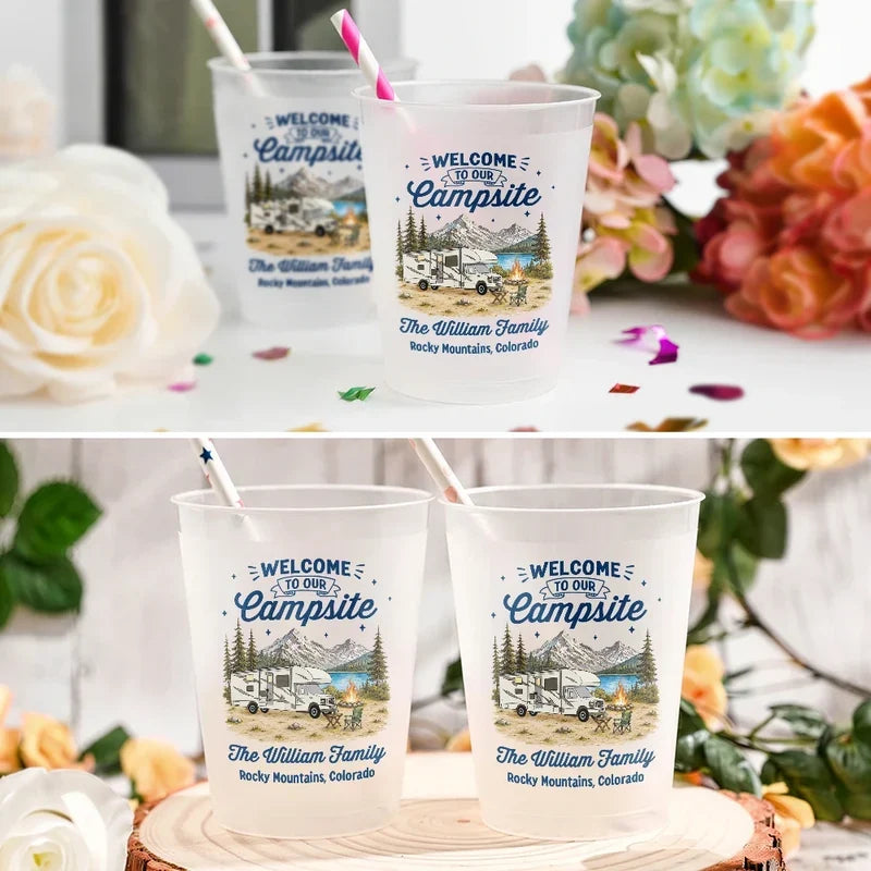 Personalized Frosted Plastic Cup, Welcome to Our Campsite RV Mountain Scene, Unique Gift for Camping Families
