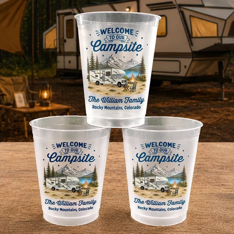 Personalized Frosted Plastic Cup, Welcome to Our Campsite RV Mountain Scene, Unique Gift for Camping Families