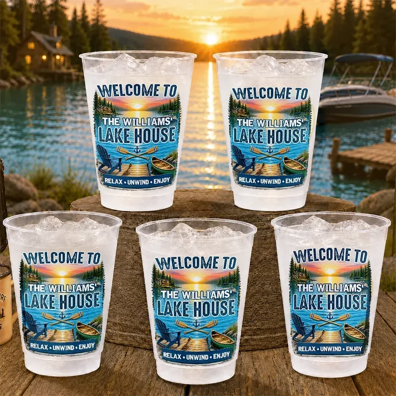 Frosted Plastic Cup, Custom Lake House Sunset Design, Relax Unwind Enjoy, Unique Gift for Hosts