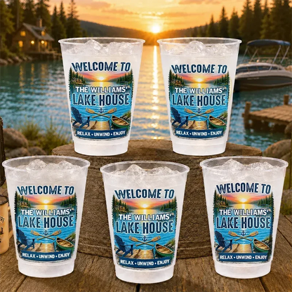 Frosted Plastic Cup, Custom Lake House Sunset Design, Relax Unwind Enjoy, Unique Gift for Hosts