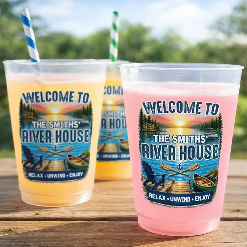 Frosted Plastic Cup, Custom Lake House Sunset Design, Relax Unwind Enjoy, Unique Gift for Hosts