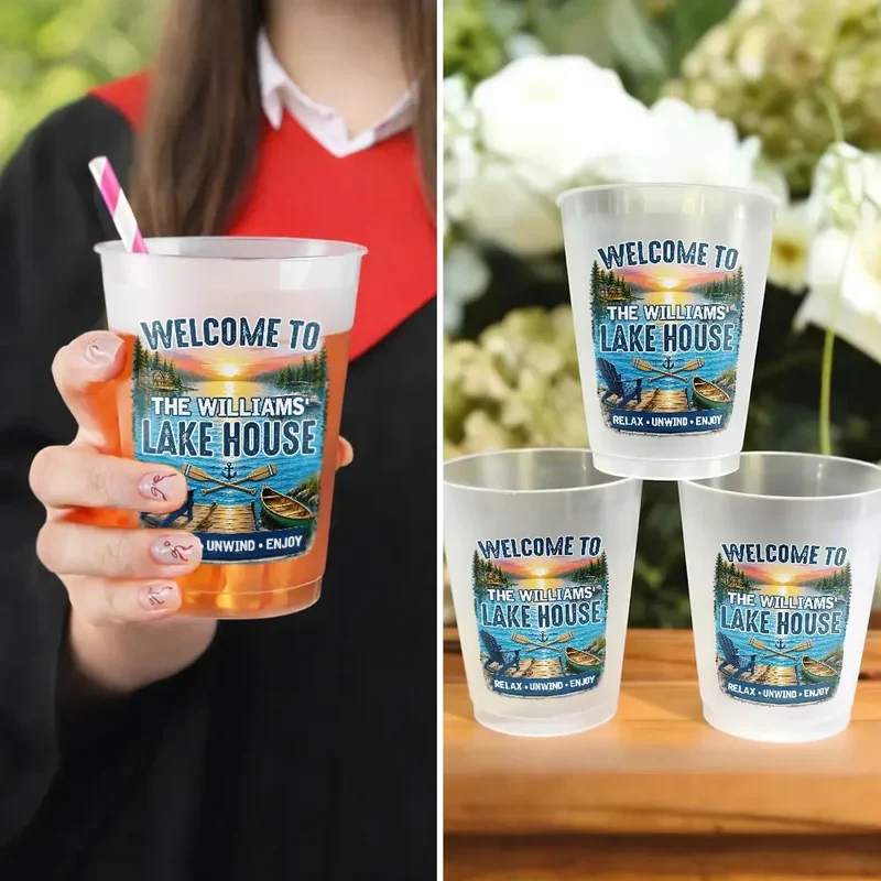 Frosted Plastic Cup, Custom Lake House Sunset Design, Relax Unwind Enjoy, Unique Gift for Hosts