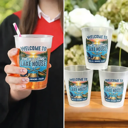 Frosted Plastic Cup, Custom Lake House Sunset Design, Relax Unwind Enjoy, Unique Gift for Hosts