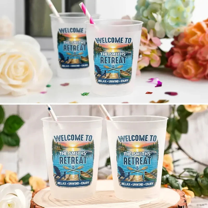 Frosted Plastic Cup, Custom Lake House Sunset Design, Relax Unwind Enjoy, Unique Gift for Hosts
